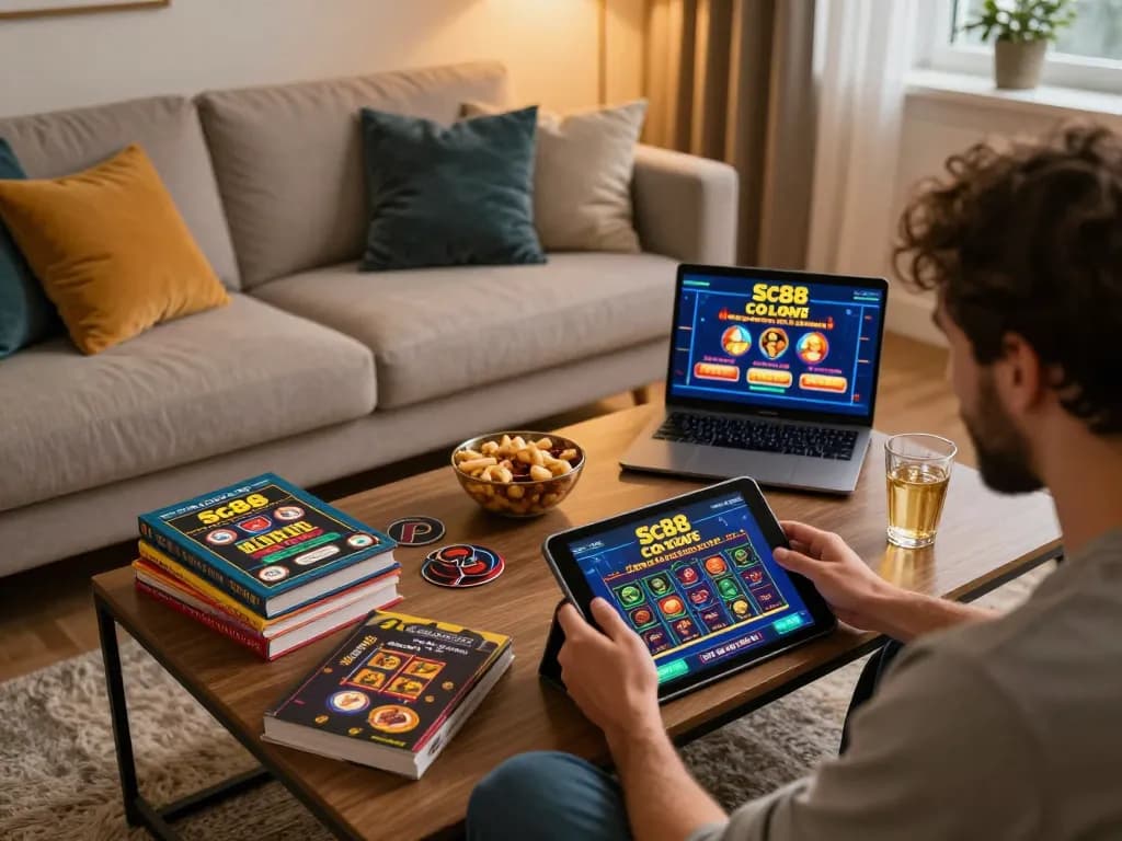 Engaging with sc88 COM casino app on a tablet in a cozy living room setting.