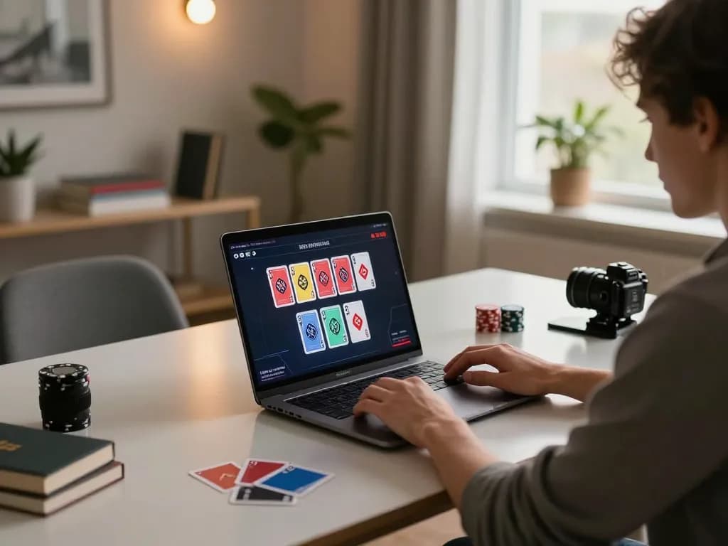 Sky88 player strategizing during an online poker game in a cozy home environment.