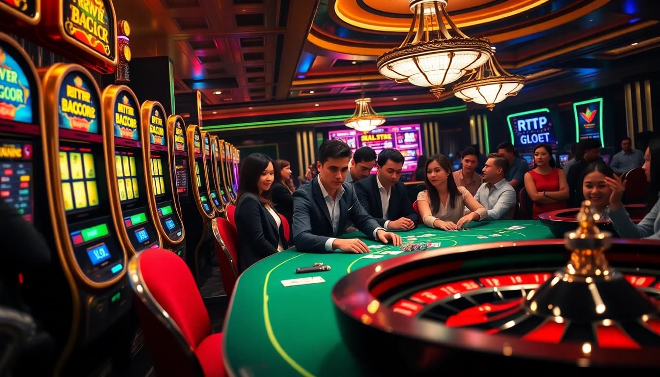 Players enjoy the RTP Slot Gacor experience with exciting slot machines and vibrant casino atmosphere.