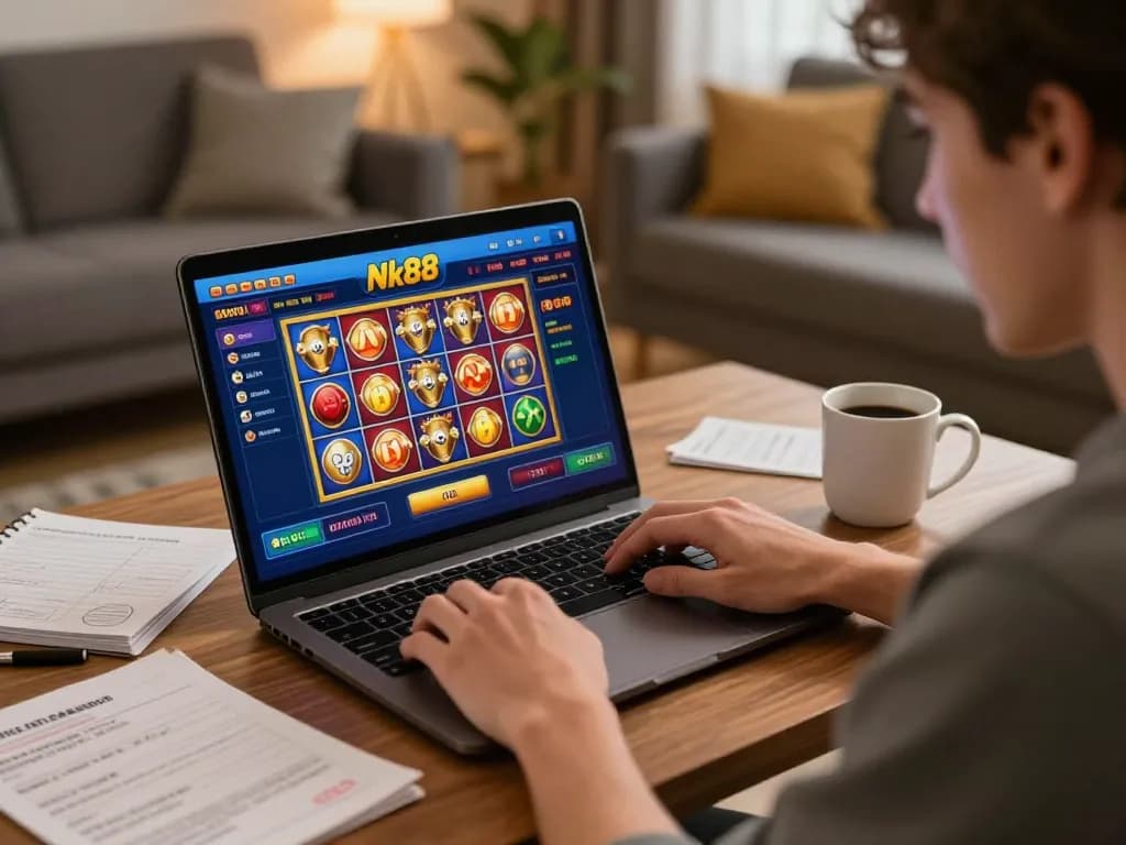 Player immerses in Nk88 online slots at home, showcasing strategic notes and an engaging setup.