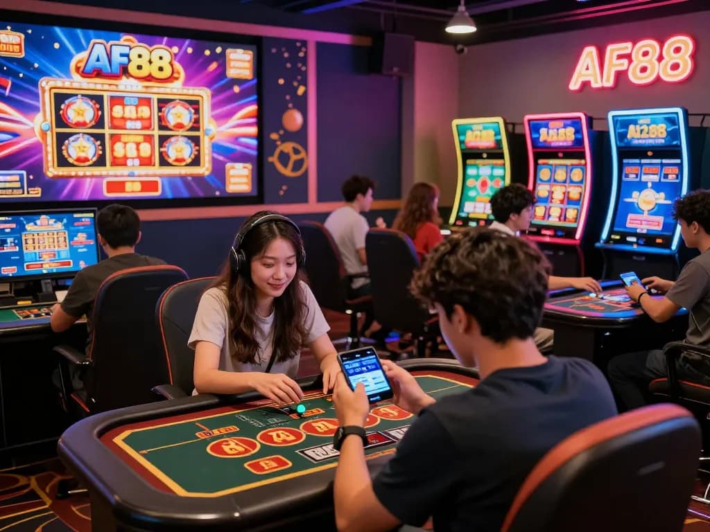 Excited players engaging with AF88 net, showcasing a lively online gaming atmosphere filled with casino games and festive promotions.