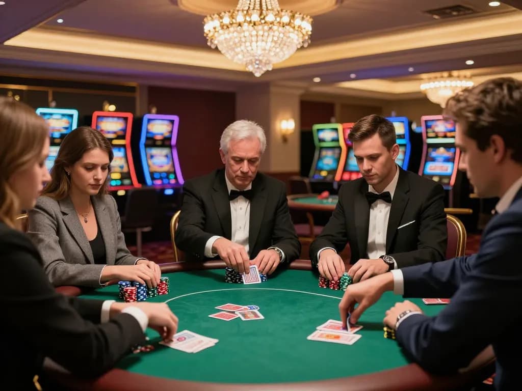 Players engaging in a poker game at a casino, highlighting Top 10 nhà cái uy tín in an exciting atmosphere.