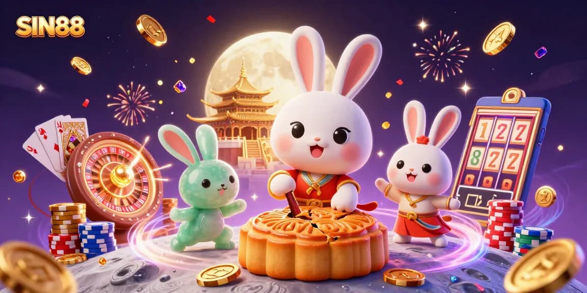 SIN88 showcases a captivating 3D scene with moon rabbits gambling for big wins amid festive visuals.