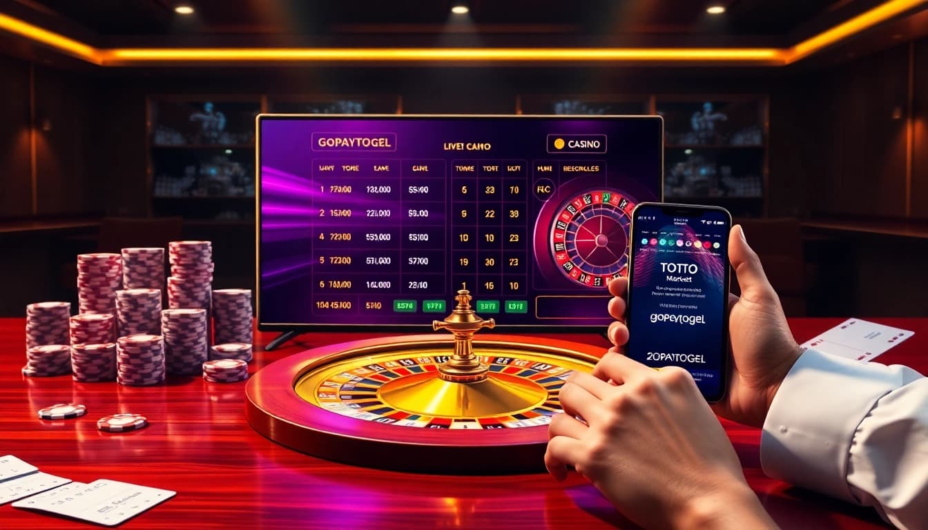 Player confidently placing bets using gopaytogel app amid glowing poker chips and roulette
