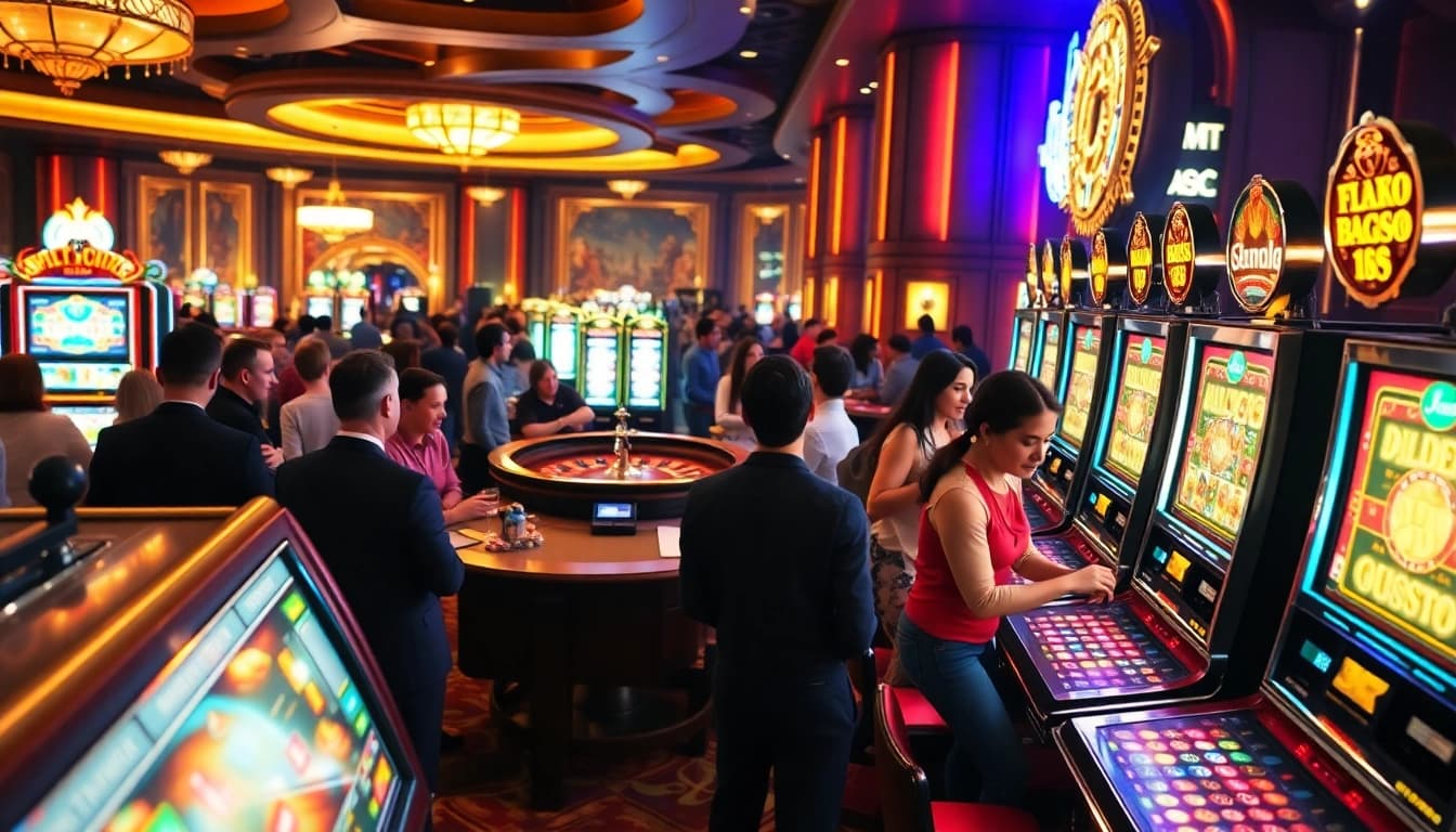 Pemain yang bersemangat menikmati permainan slot gacor di lingkungan kasino yang ramai.