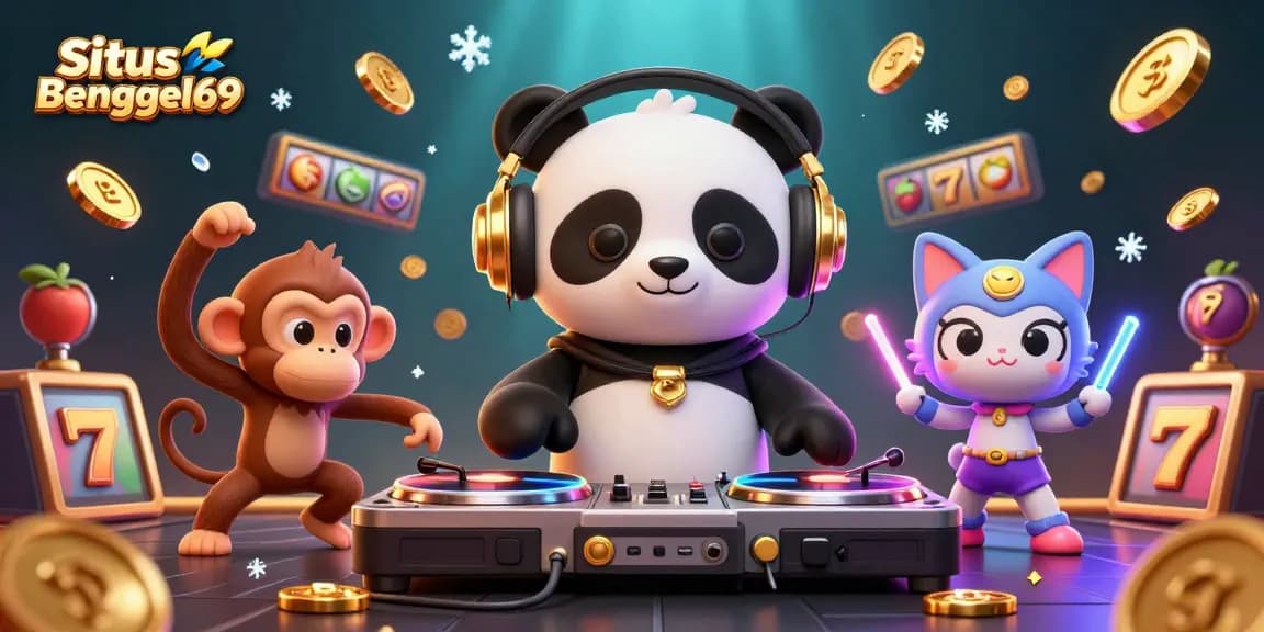 Situs Bengkel69 showcases an energetic 3D casino illustration featuring a DJ panda at slot reels, surrounding jackpot symbols.