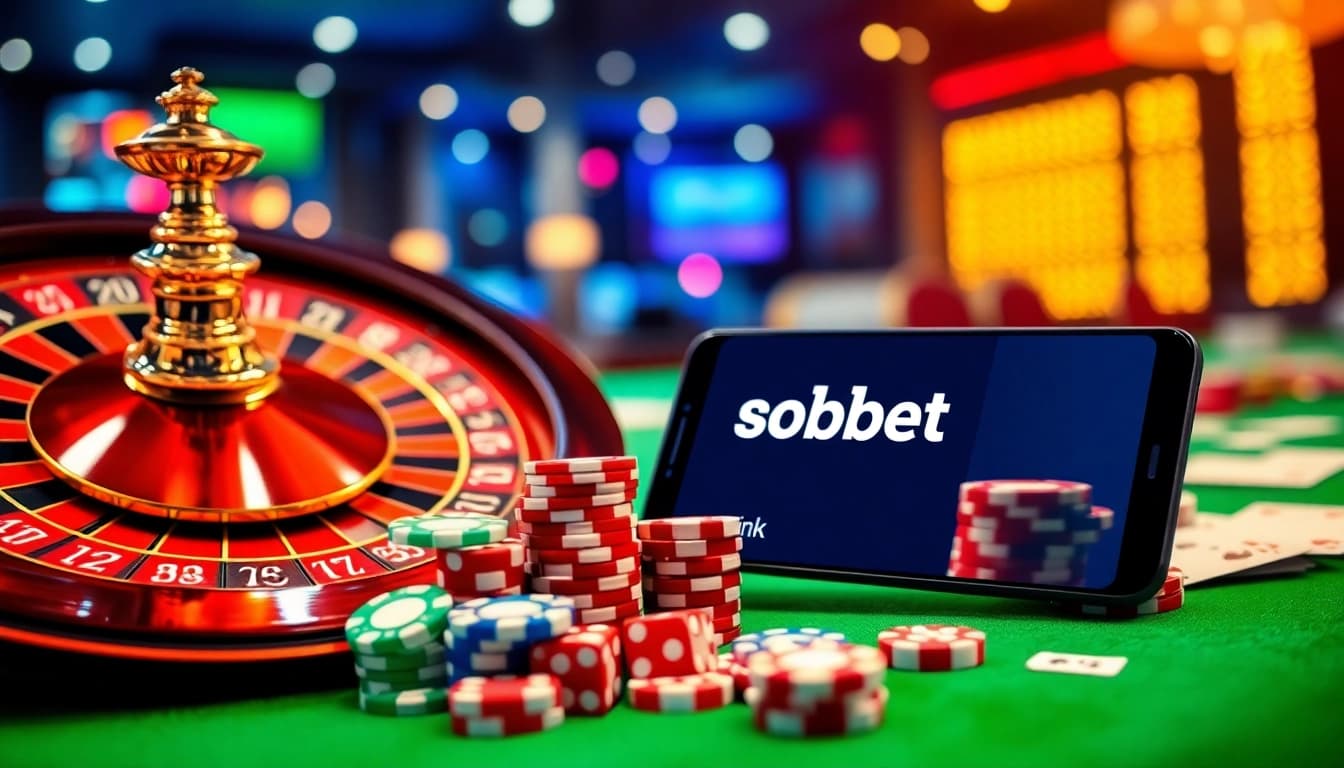 Players engaging in thrilling games with sbobet link app and colorful poker chips at a vibrant casino.