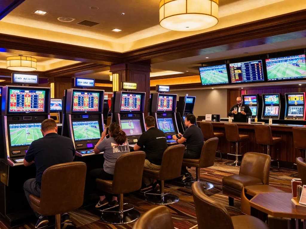 Winstrike69 betting action in an upscale lounge with screens showing live sports and odds