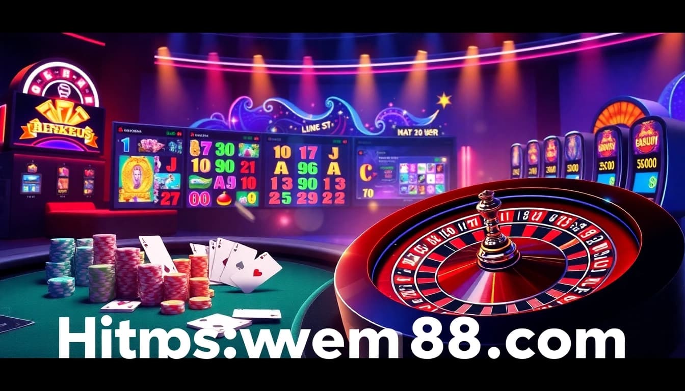 Exciting gambling interface showcasing online games at https://bem88.com with poker chips and slot machines.
