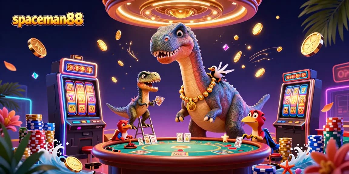 Engage with spaceman88 slot reels in a vibrant casino scene featuring a towering dinosaur and dealer raptor.