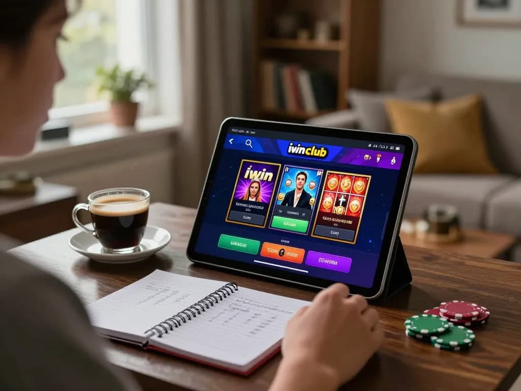 Engaging with iwin club interface on a tablet in a cozy home setting, promoting responsible gaming.