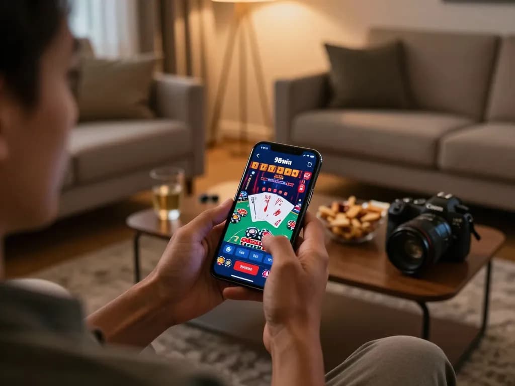 Person engaged with app 98win on smartphone in cozy living room, showcasing home gaming experience.