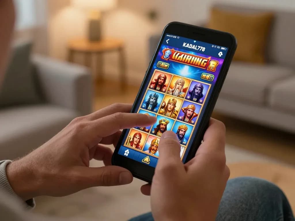 KADAL778 player tapping on mobile app showcasing Greek mythology-themed games, excited for winnings.