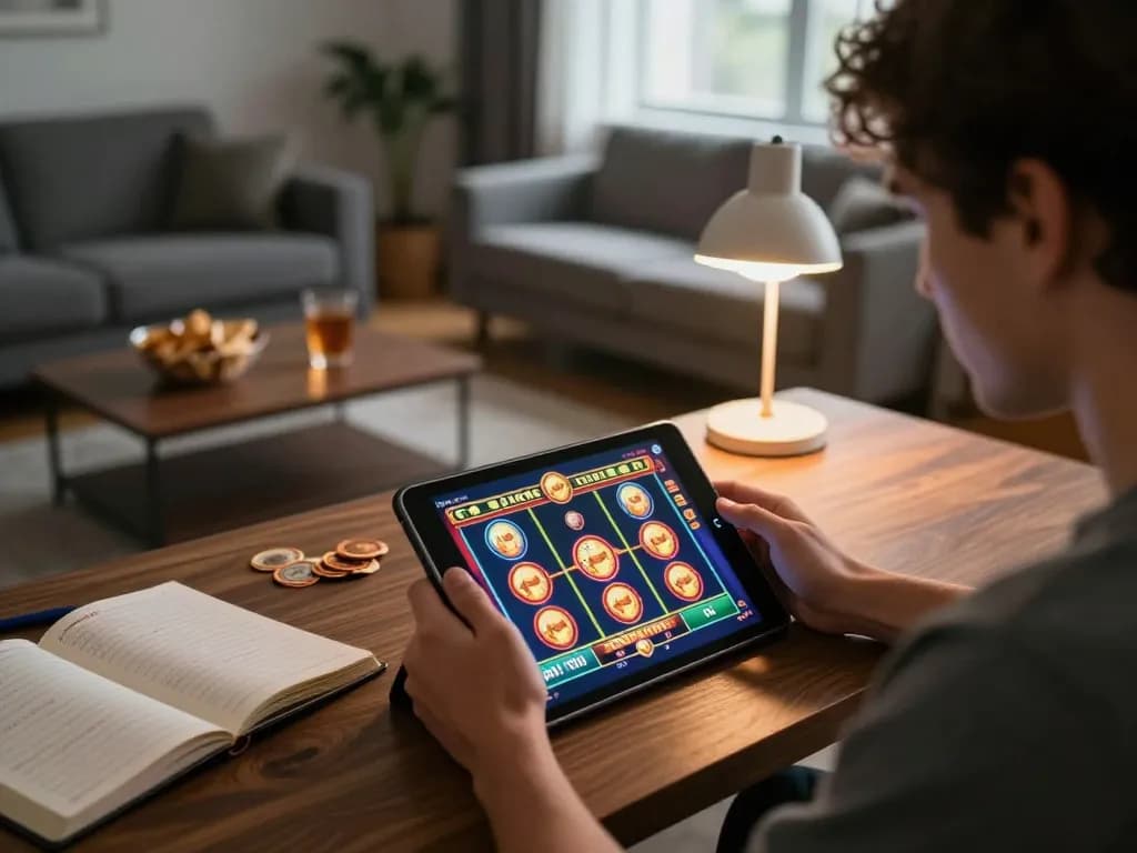Pemain menggunakan Leci123 di tablet dalam suasana rumah yang nyaman, fokus pada pengalaman permainan slot online, dengan camilan dan catatan bankroll di dekatnya.