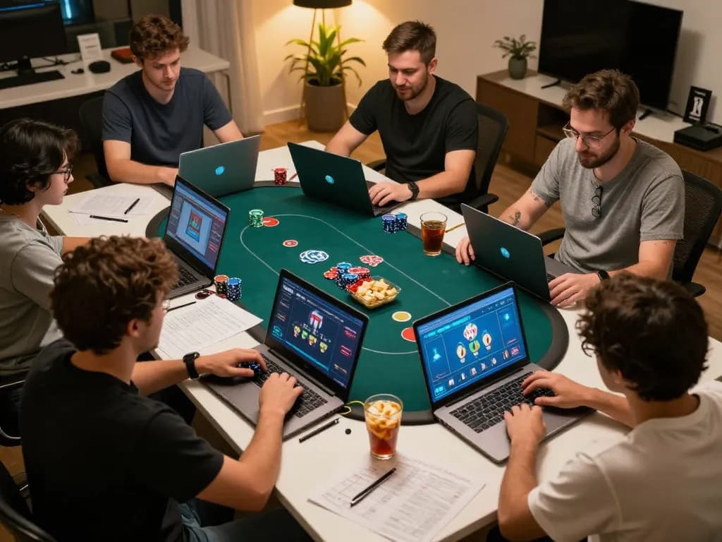 Players strategizing intensely in an online poker game on 188bets with laptops and snacks.