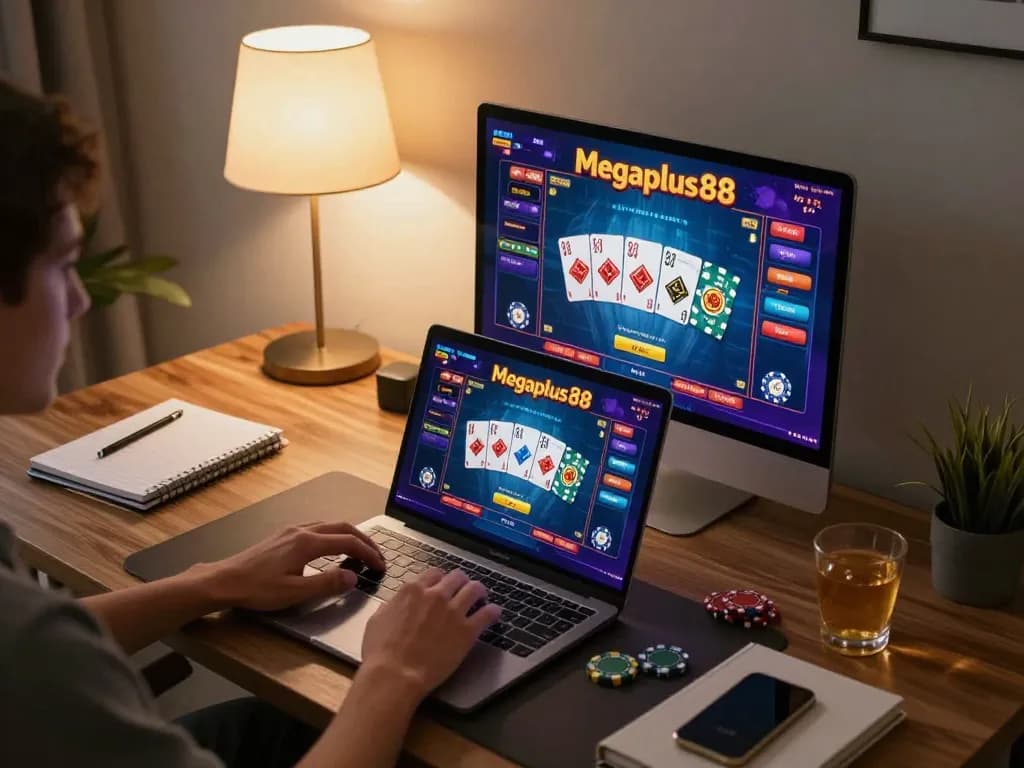 Player enjoying Megaplus88 online casino experience with vibrant gaming interface on a laptop.
