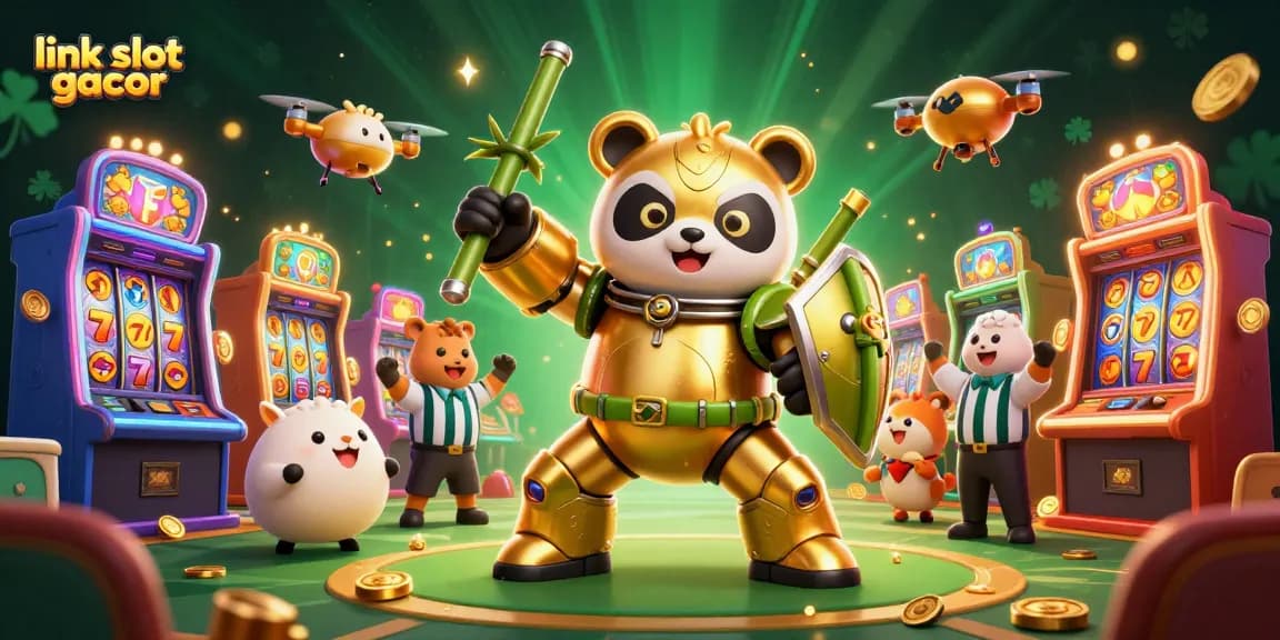 Engage with exciting slot gaming visuals featuring link slot gacor and a mech-suit panda character.