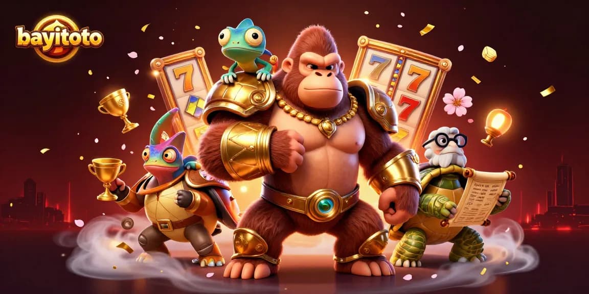 Experience bayitoto's vibrant casino atmosphere with a gorilla king amidst slot reels and cherry blossoms.