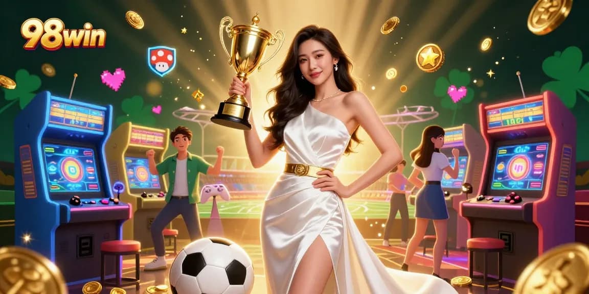 Experience thrilling sports betting and casino excitement with 98win's vibrant 3D illustration featuring winning strategies.