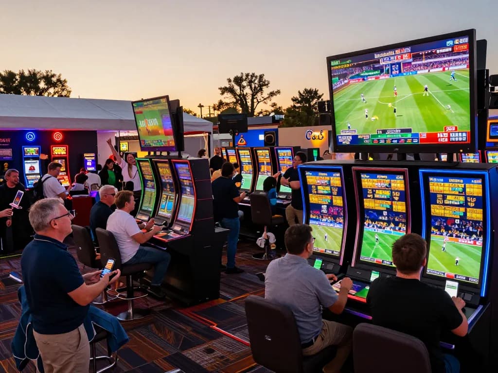 Engaged bettors at sports betting kiosks during live game day at vipwin, showcasing excitement and interaction.
