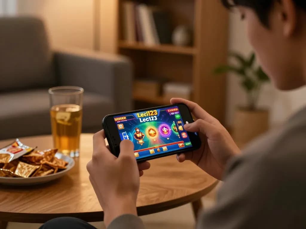 Engaging gameplay on Leci123 with a player focused on their smartphone in a cozy home environment.