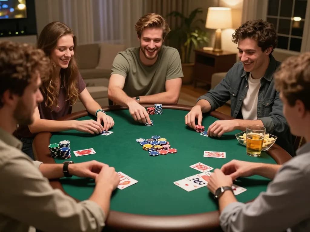 Friends engaging in a lively poker game at home while utilizing Bsport app for betting strategies.