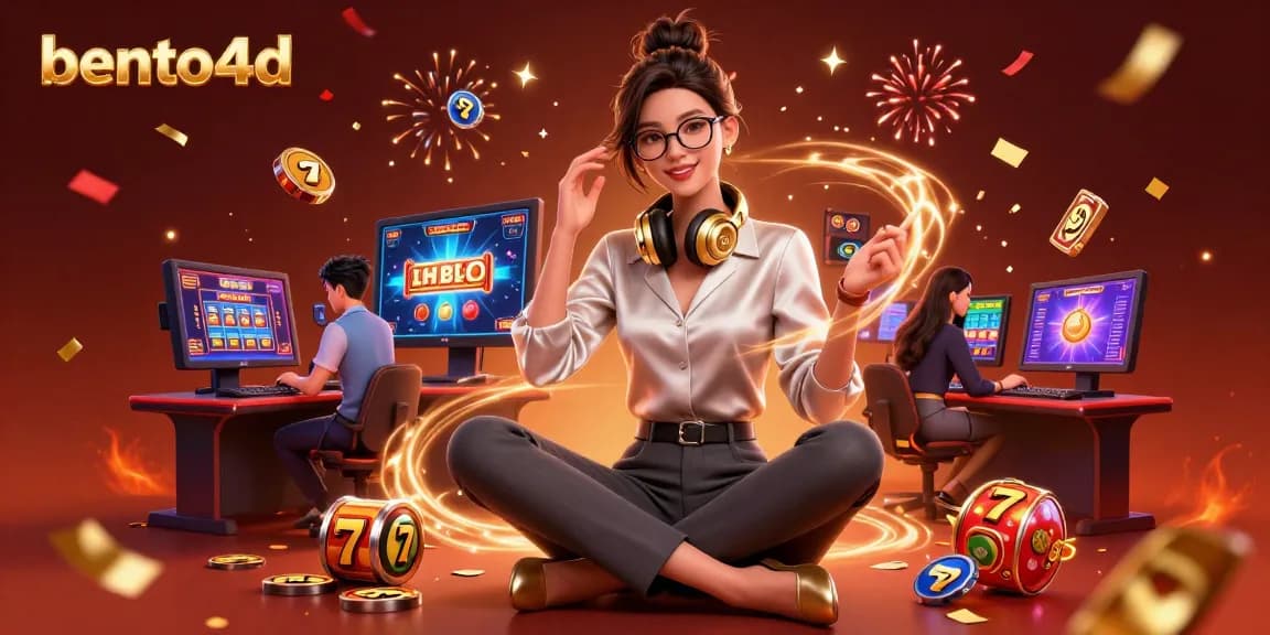 Terlibat dengan suasana kasino 3D imersif bento4d yang menampilkan seorang gamer profesional di tengah elemen slot yang cerah.