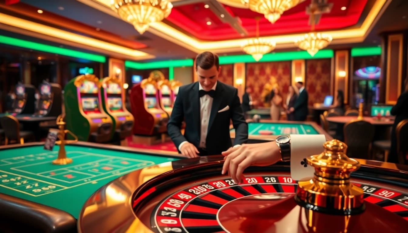 Experience the thrill of rr99 betting at a luxurious casino table with vibrant slot machines.