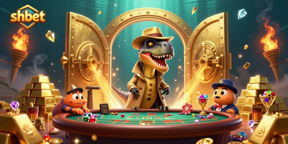 Engaging shbet players at a blackjack table with a clever velociraptor card counter and stegosaurus pit boss.