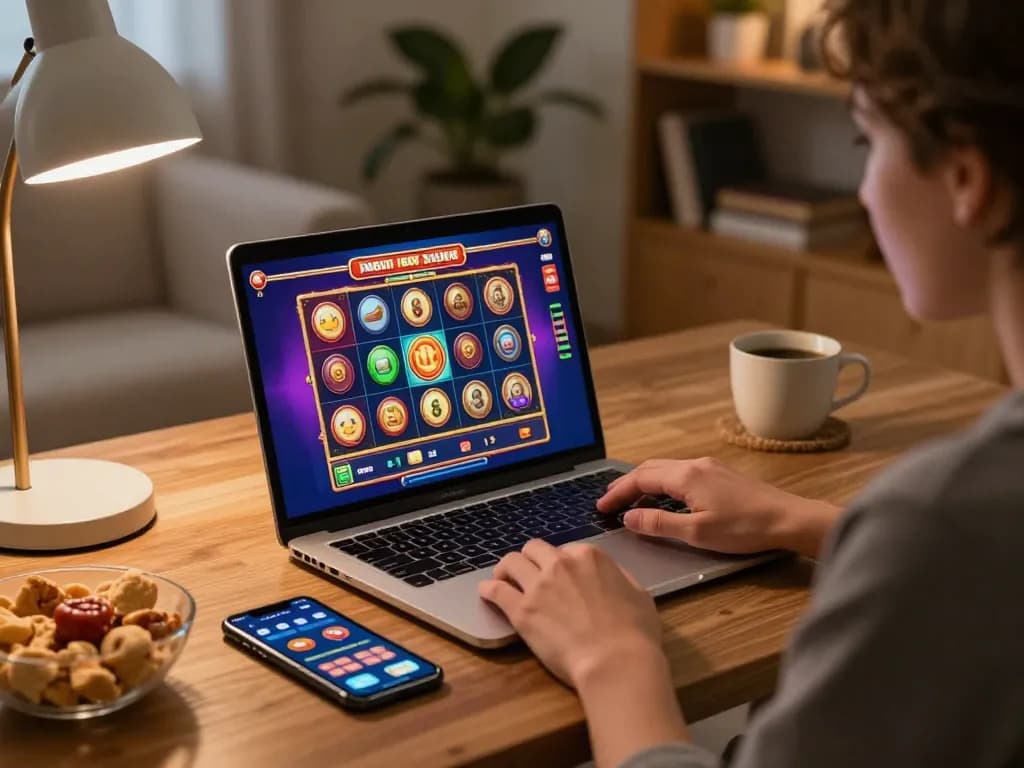 Engaging in online casino gaming with mb66 on a laptop in a cozy home setting.