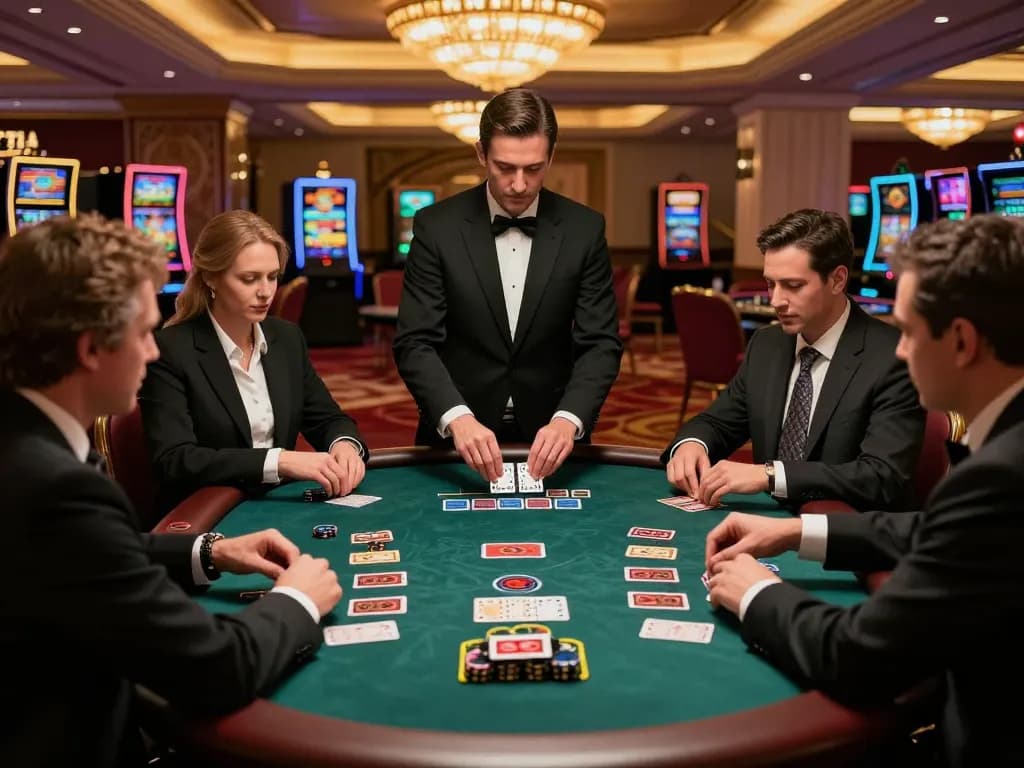 Players at kkwin club blackjack table strategizing for a winning hand in a luxurious casino