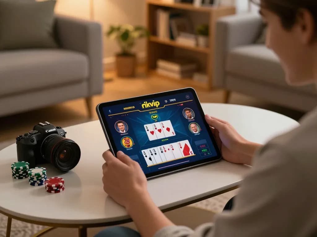 Enjoying a thrilling rikvip gaming session on a tablet at home with warm ambiance.