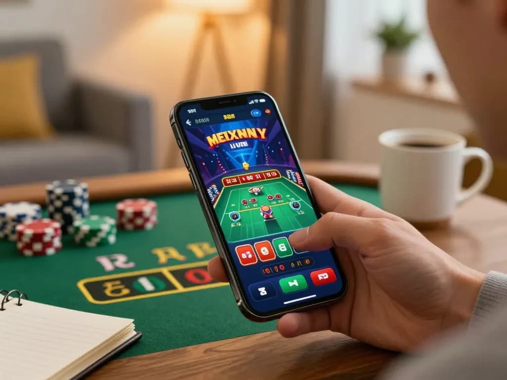 Engaging in online gaming with LGOGOAL on a smartphone amidst a cozy home setup.