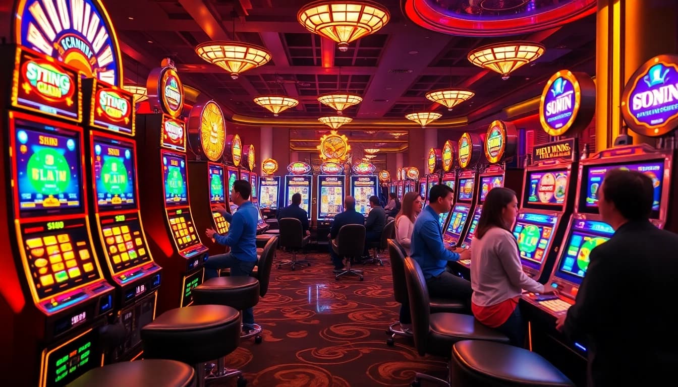 Excited players winning on slot gacor machines in a vibrant casino atmosphere.