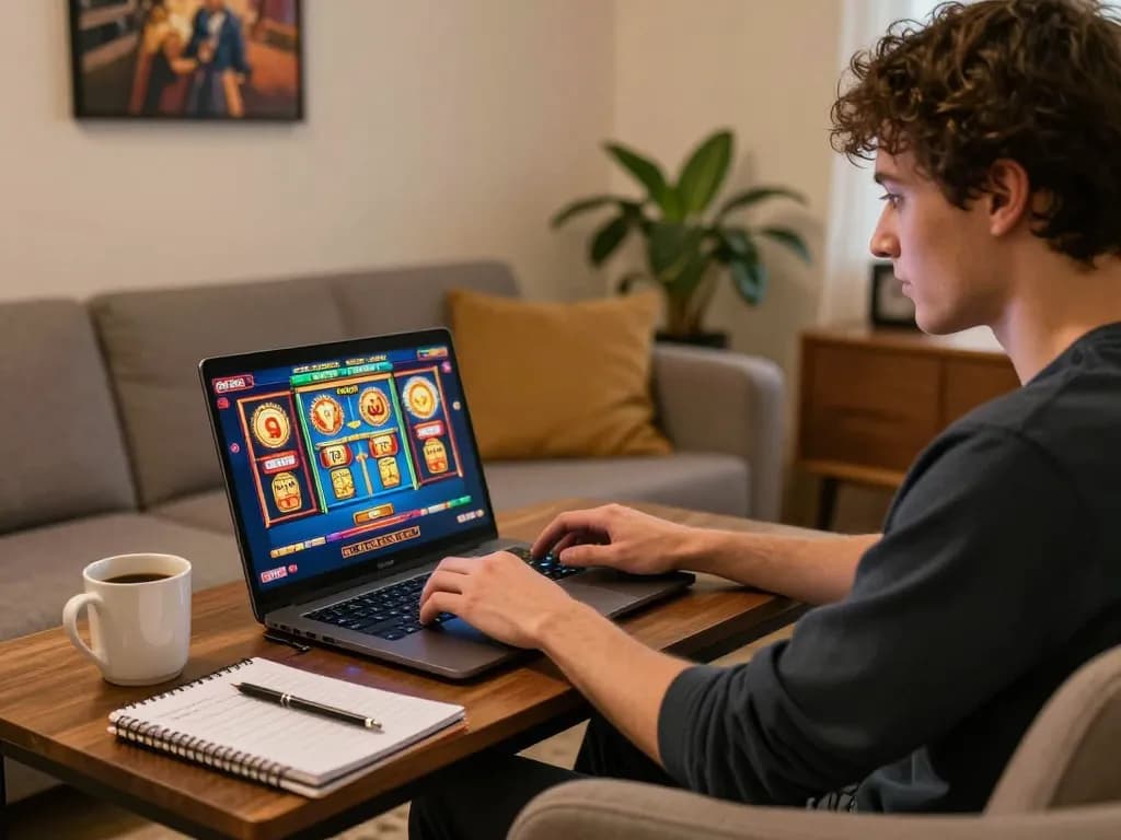 Player enjoying an exciting slot game on a laptop at home, showcasing interactive gaming experience.