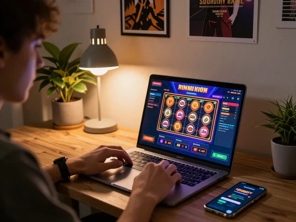 KJC user enjoying online casino games, engaged in poker and slots gameplay on a laptop in home office