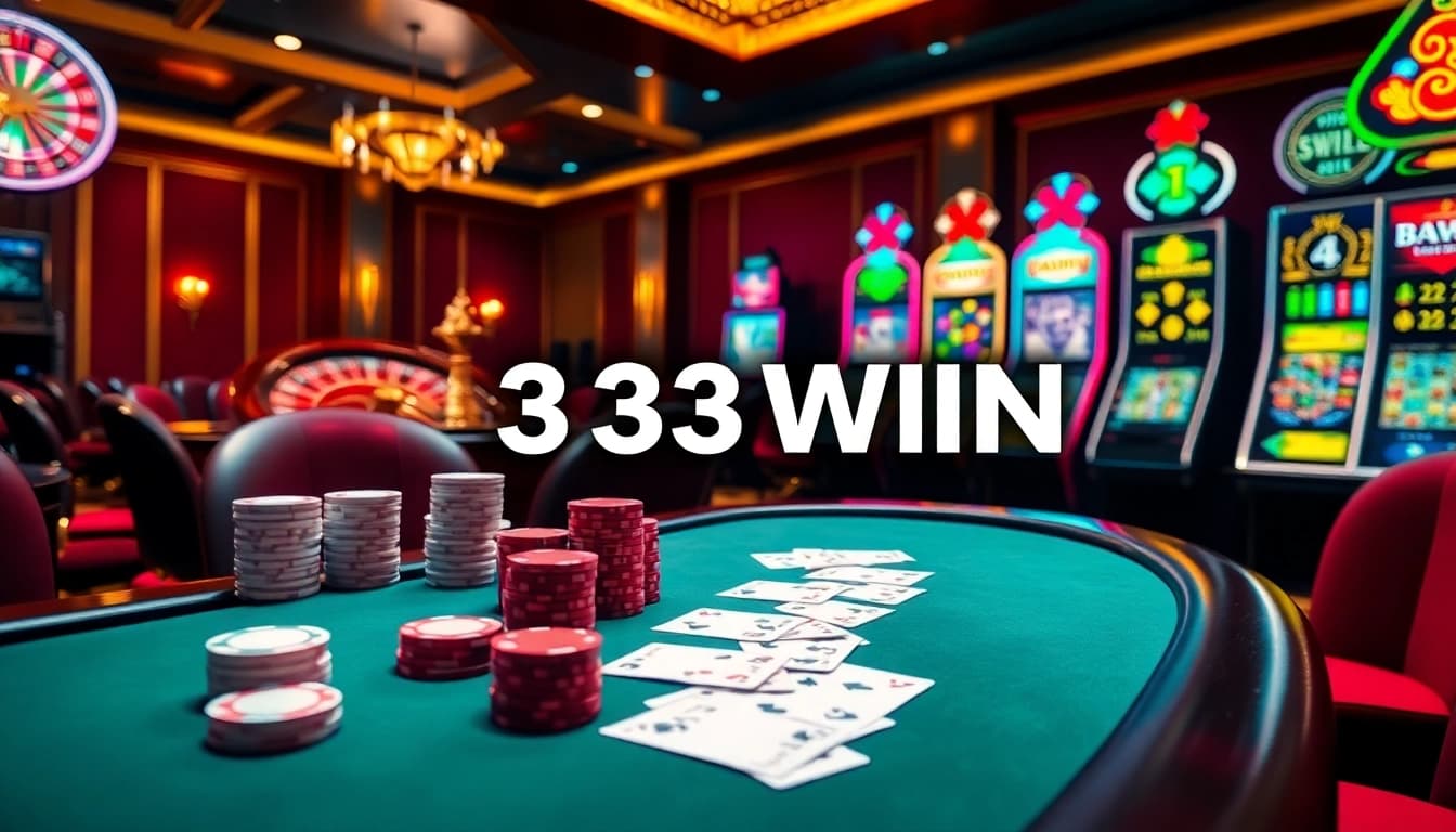 Experience the thrill of 33WIN in a luxurious casino setting with poker chips and vibrant slot machines.