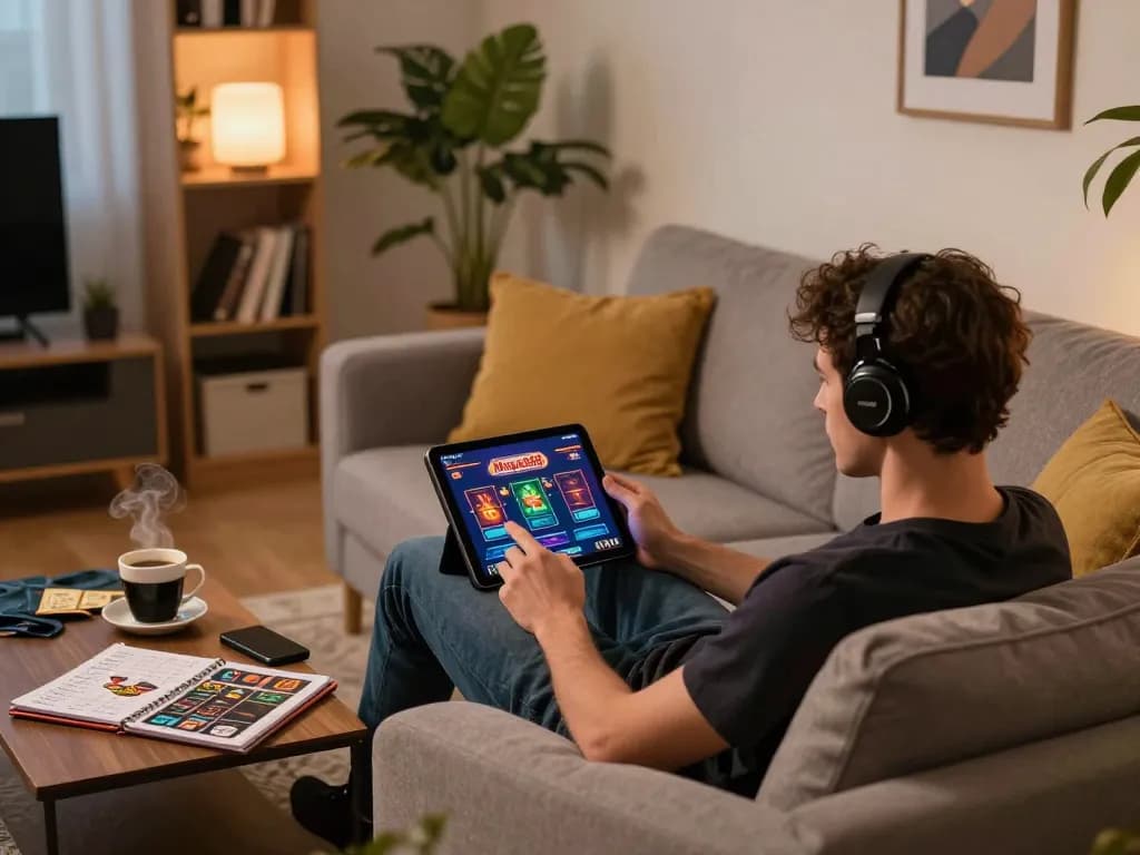 Person enjoying Mega888-mega888 app on tablet in cozy home setting with strategy notes.