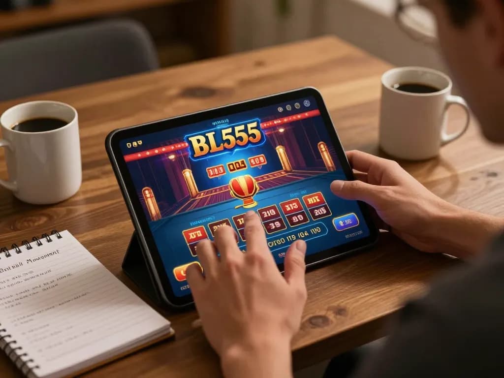 Player interacting with BL555 casino app, showcasing strategic gameplay in a cozy home setting.