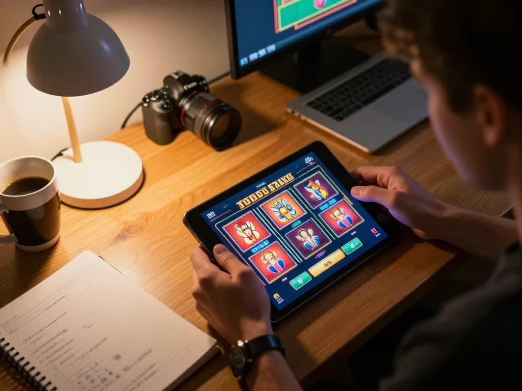 Nk88 player enjoying online slot games at home with vibrant graphics and strategy notes nearby.