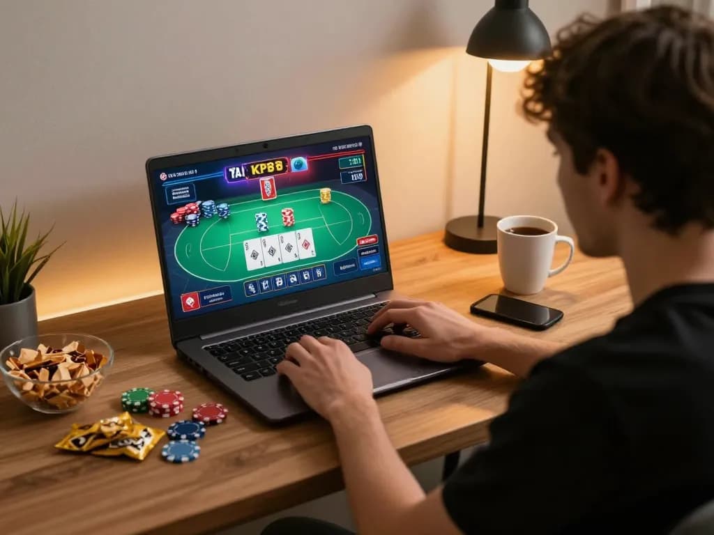Player engaging in tai kp88 on a laptop, showcasing an immersive online gaming experience.
