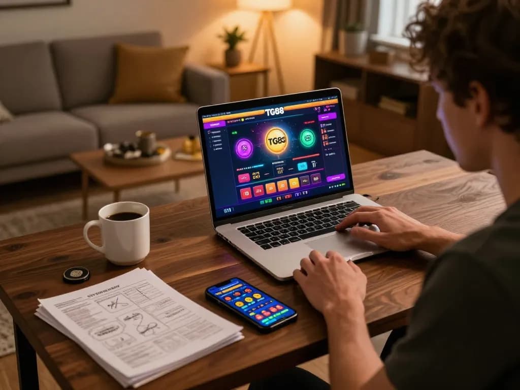 Player enjoying a TG88 online casino experience at home, laptop open with gaming interface visible