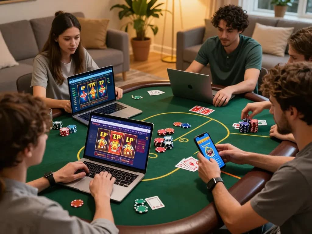 Kuwin players enjoying online casino games on laptops and smartphones in a cozy home setup