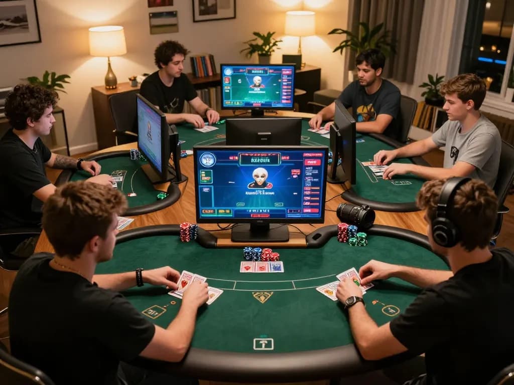 Engaging online gaming session at 100vip with poker players in action, showcasing strategy and interaction in a home environment.