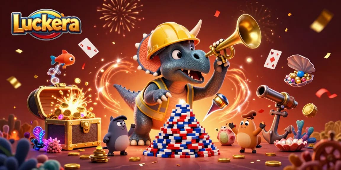 Luckera showcases a lively 3D illustration with triceratops building poker chips amidst a festive casino backdrop.