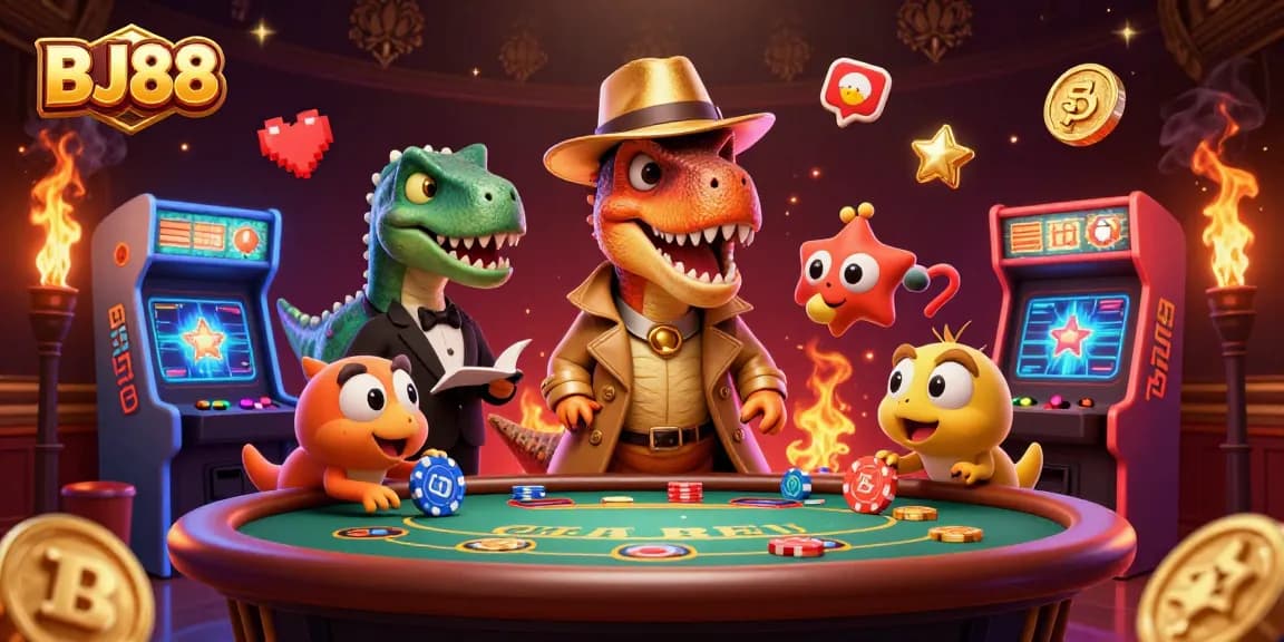 BJ88 showcases a velociraptor card counter at a blackjack table, mixing vibrant gaming elements.