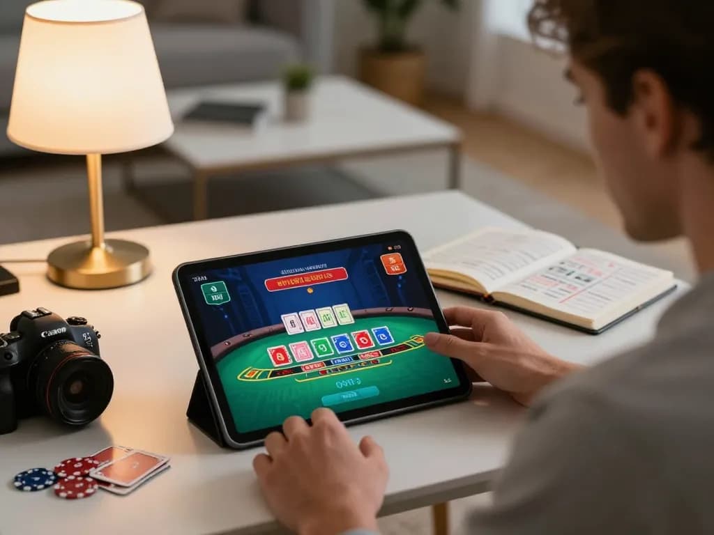 Menerapkan strategi bandar togel saat bermain game dealer langsung di tablet di rumah.