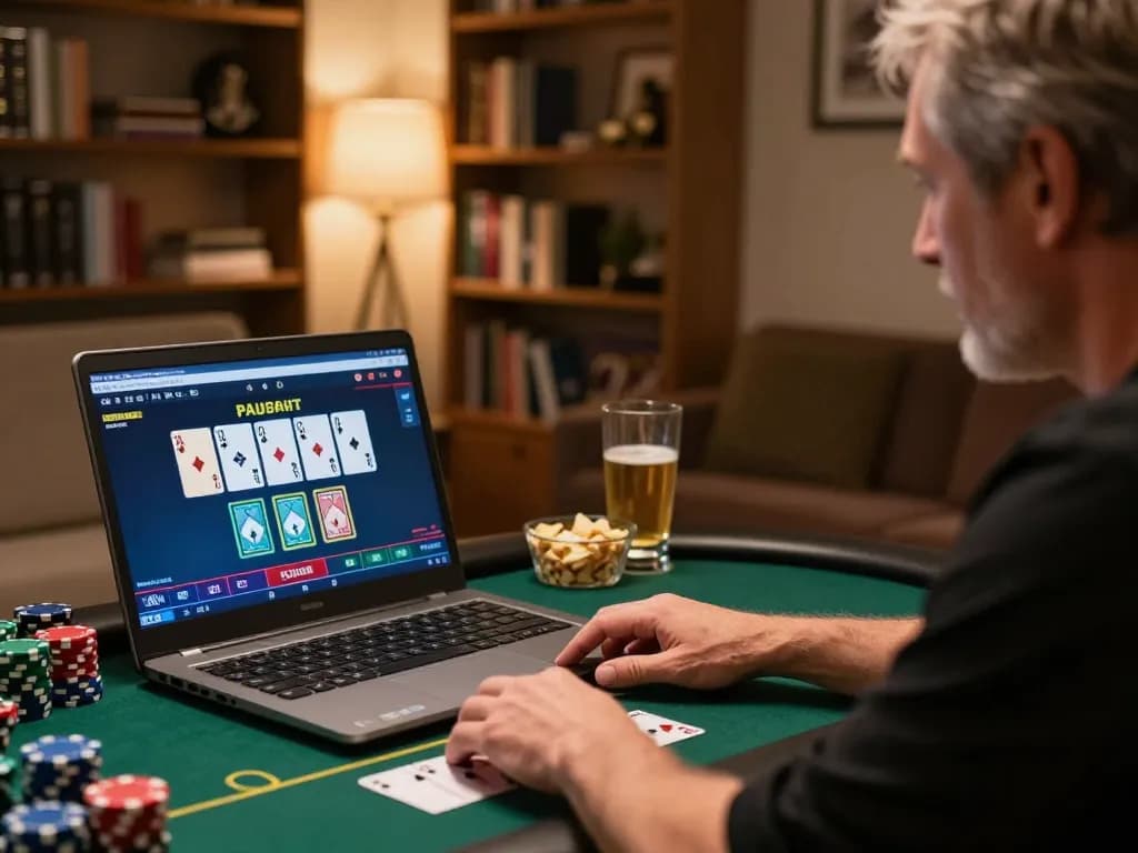 Player using LIGALGO for online poker, showcasing focused gameplay and strategic betting analysis