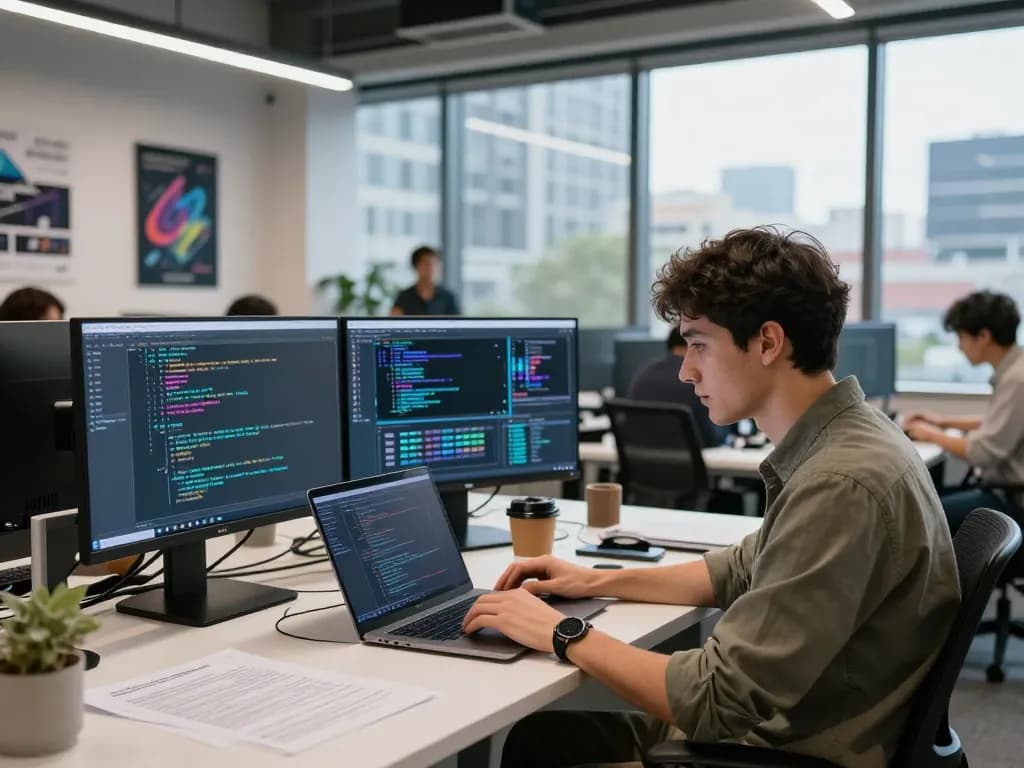 Professional software engineer engaged in AI development, showcasing juicy ai algorithms in a vibrant and dynamic tech workspace.