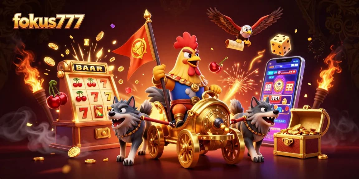 Experience winning moments with fokus777 in a dynamic online casino illustration showcasing thrilling games.